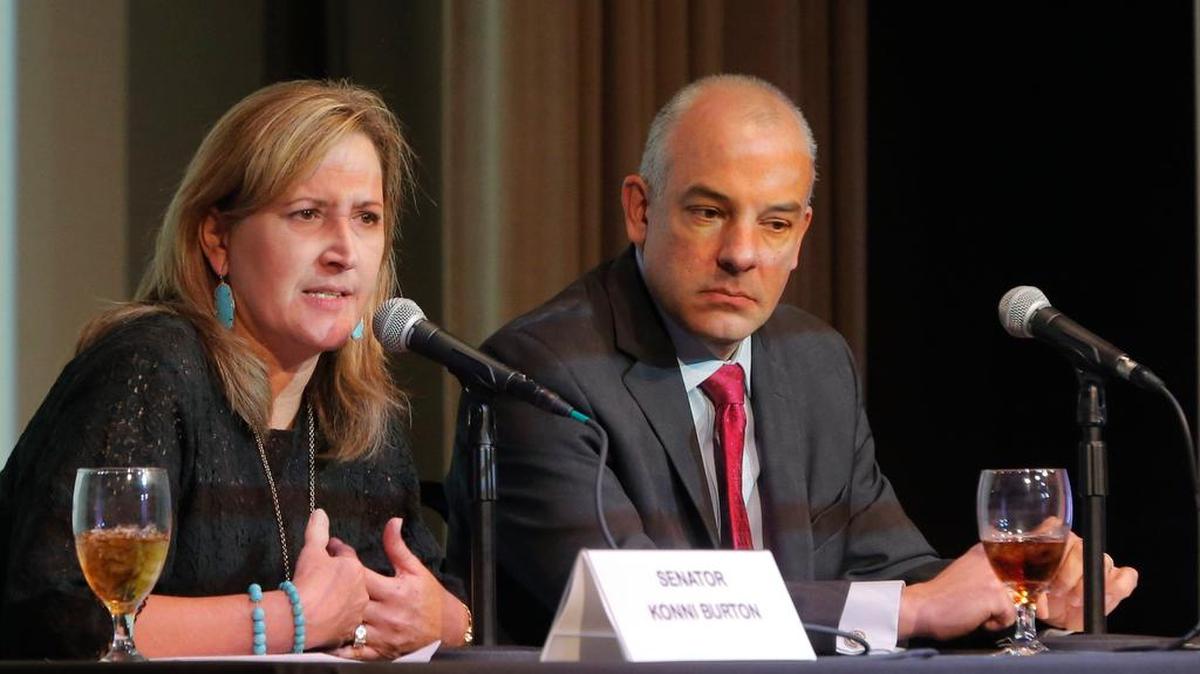 State Senator Konni Burton, of Colleyville, and State Representative Chris Turner, of Arlington, answer questions at the Fort Worth Chamber's Leaders in Government luncheon at Cendera Center, Tuesday, December 13, 2016.