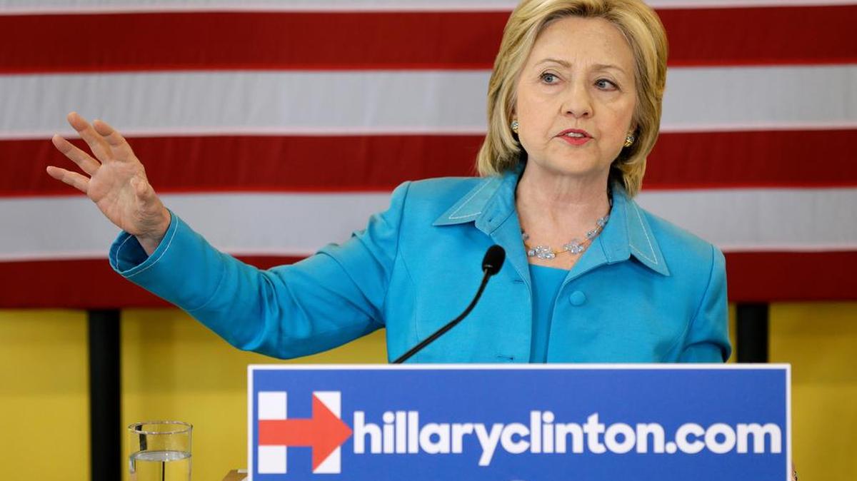 Democratic presidential candidate Hillary Clinton speaks about her renewable energy plan, July 27, 2015, at the Des Moines Area Rapid Transit Central Station in Des Moines, Iowa.