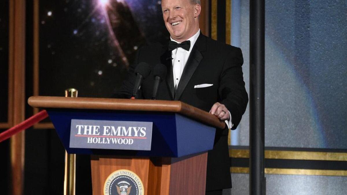 Sean Spicer speaks at the 69th Primetime Emmy Awards on Sunday, Sept. 17, 2017, at the Microsoft Theater in Los Angeles.
