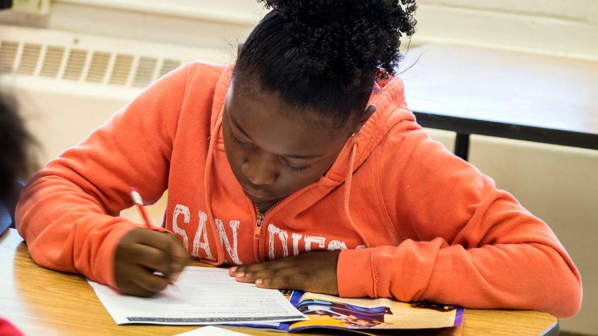 A student works on a STAAR test preparatory activity at Meadowbrook Middle School.