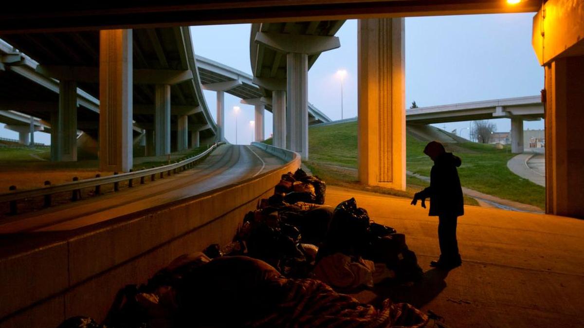 
Homeless people sleeping under the overpass on East Lancaster Avenue in March. 
