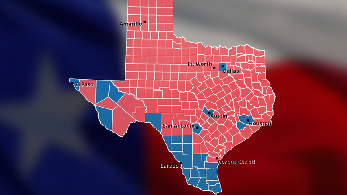 A map shows which counties voted for Democrat Hillary Clinton and Republican Donald Trump in 2016.