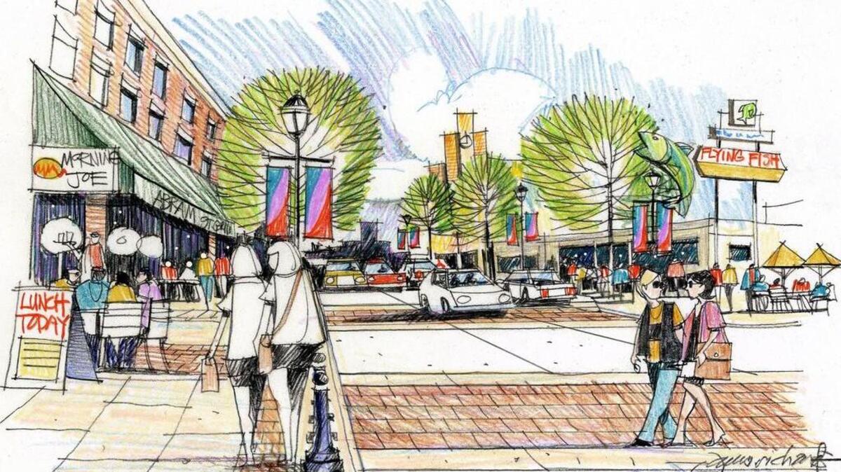 An artist sketch depicting Abram Street following the completion of the downtown Arlington transformation.
