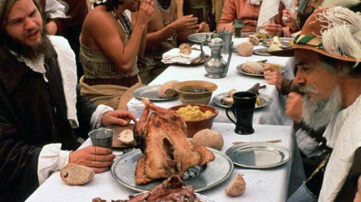 This undated photo provided by Plimoth Plantation shows a reenactment of the first Thanksgiving at the Plimoth Plantation in Plymouth, Mass.