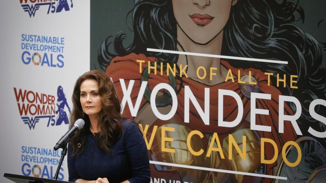 Lynda Carter, who played Wonder Woman on television, speaks during a U.N. meeting to designate Wonder Woman as an "Honorary Ambassador for the Empowerment of Women and Girls," Friday, Oct. 21, 2016 at U.N. headquarters.