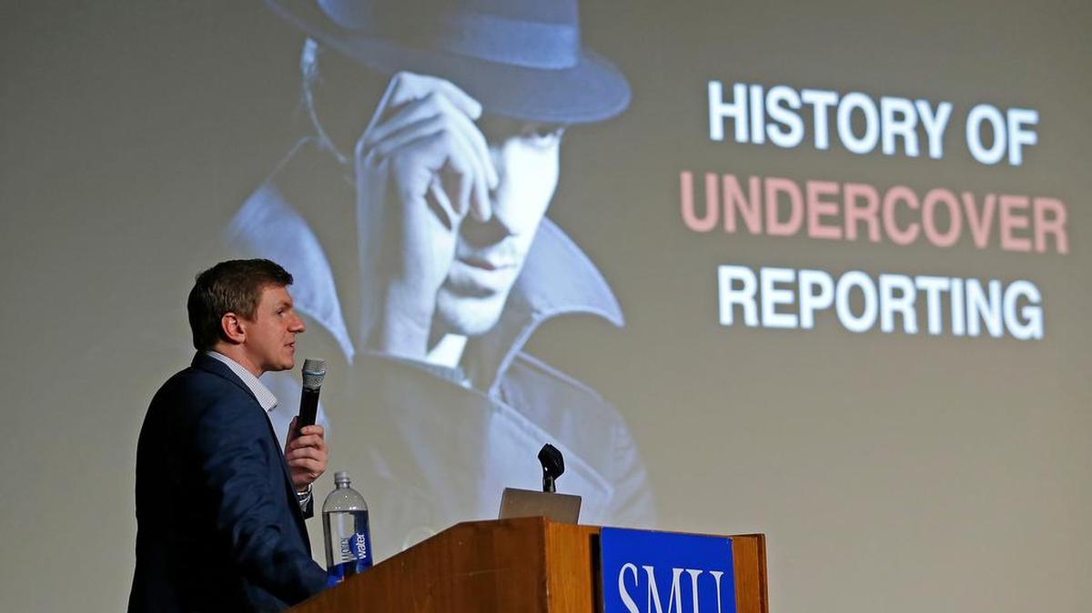 James O'Keefe, of Project Veritas, speaks at on the Southern Methodist University campus in Dallas, Wednesday, Nov. 29, 2017.