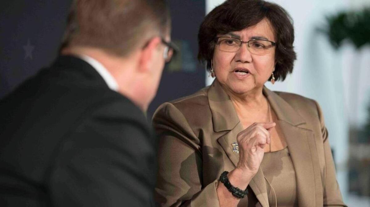 Former Dallas Co. sheriff Lupe Valdez makes a point in conversation with Evan Smith during a Texas Tribune event at Capital Factory on Jan. 18, 2018. Valdez, who has three decades of experience in law enforcement, is challenging principal opponent Andrew White in the Democratic primary.