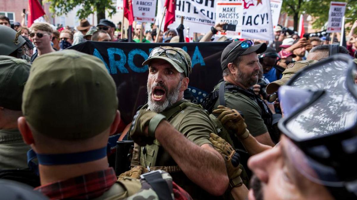 A protester shouts during a Unite the Right rally on Saturday in Charlottesville, Va.