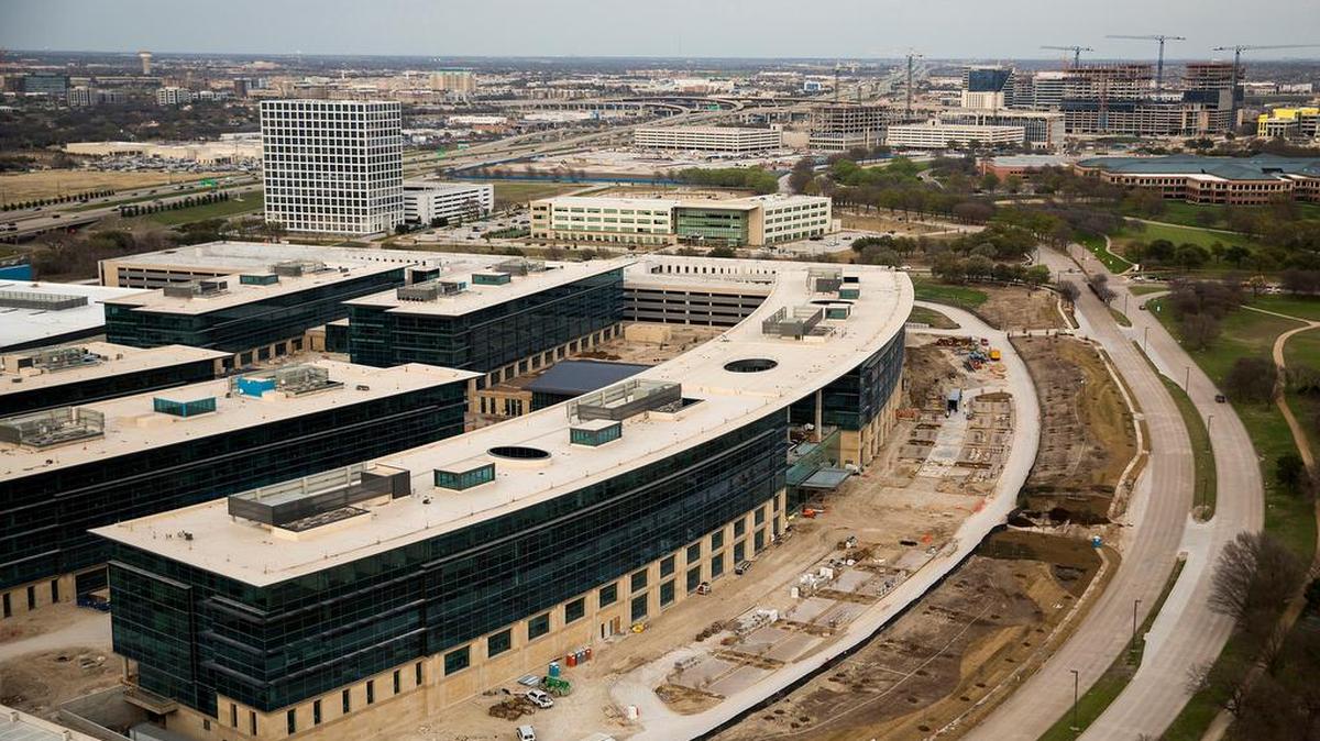 Construction on Toyota’s new North American headquarters complex seen on March 6 in Plano.