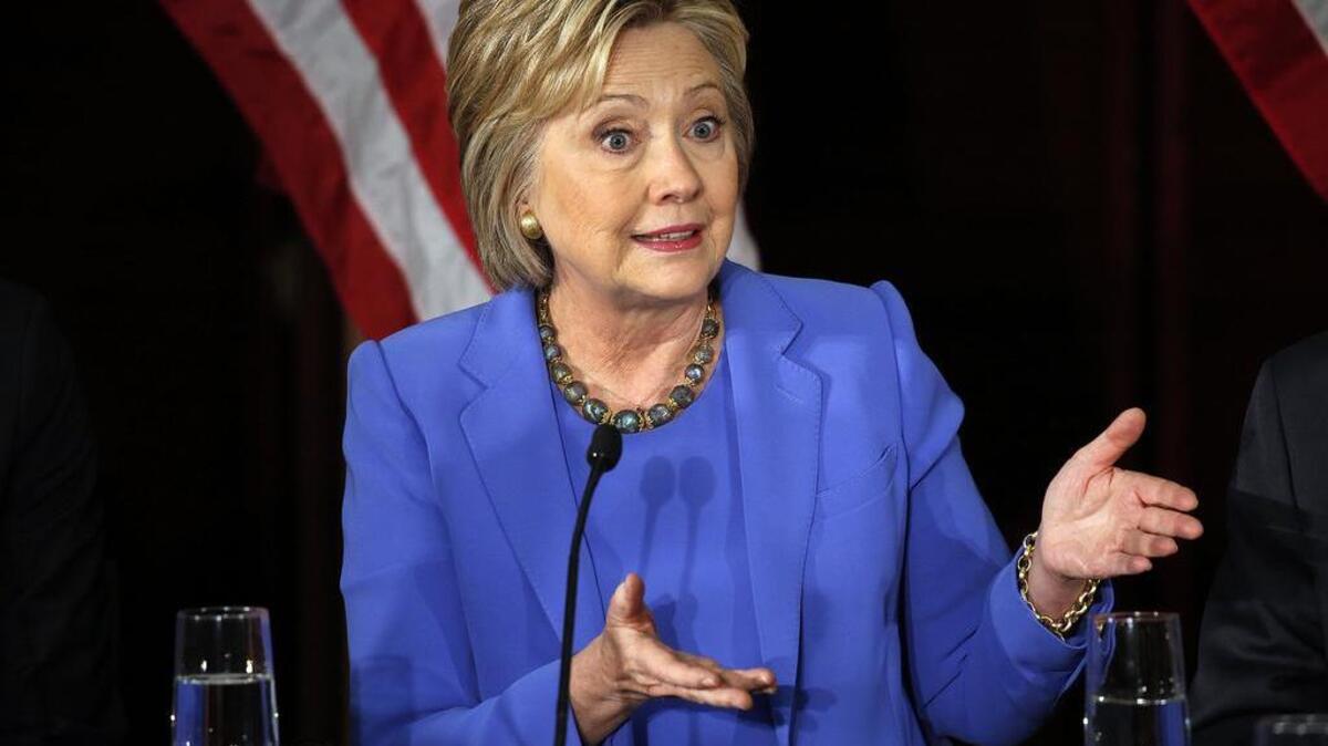 Democratic presidential candidate Hillary Clinton speaks at a meeting Thursday in Los Angeles.