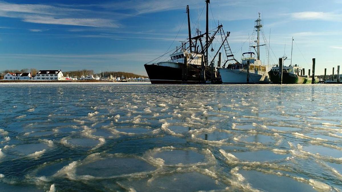 FILE - In this Jan. 7, 2018, file photo, fishing trawlers sit on the frozen harbor of Lake Montauk surrounded by thin sheets of ice in Montauk, N.Y. A quick study of the brutal American cold snap found that the Arctic blast really was a freak of nature.