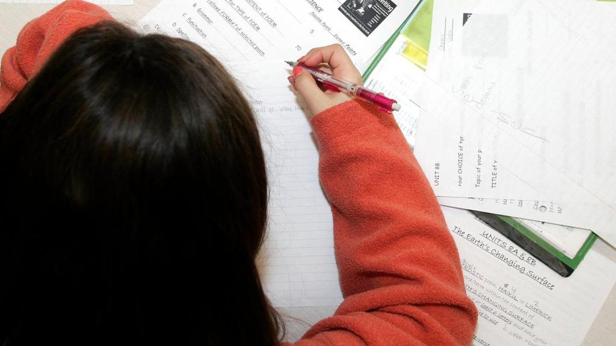 A student works on science writing in a seventh-grade class at Grapevine’s George Dawson Middle School.