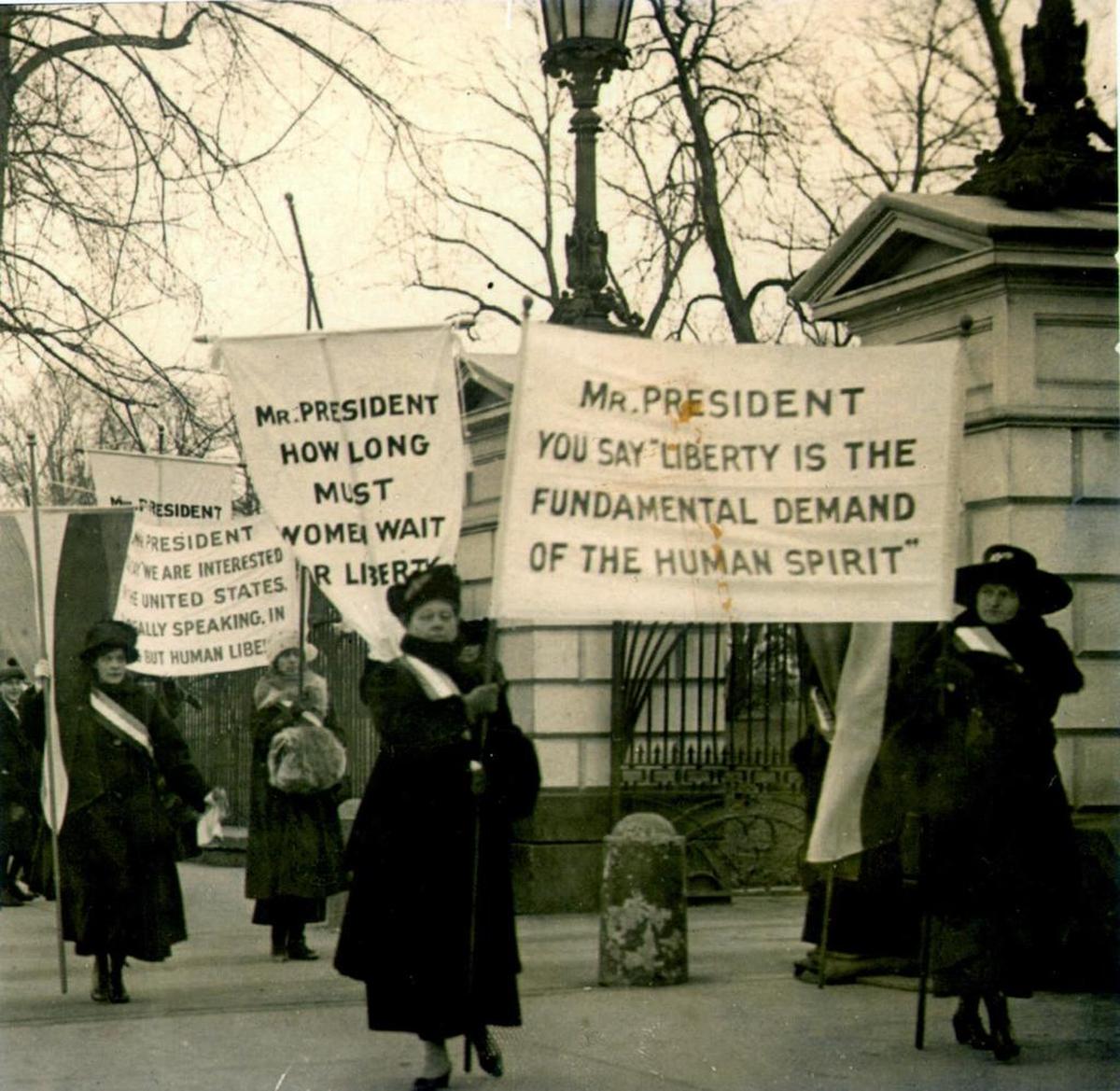 A circa 1918 file photo of women demonstrating at the White House demanding voting rights.