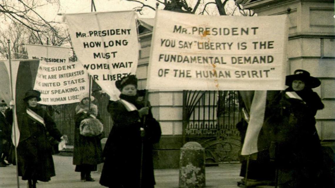 A circa 1918 file photo of women demonstrating at the White House demanding voting rights.