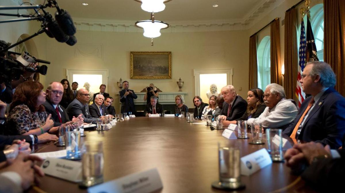 President Donald Trump, right center, meets with visitors in the Cabinet Room at the White House last month.