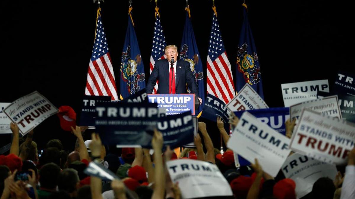 Republican presidential candidate Donald Trump speaks during a rally Thursday in Harrisburg, Pa.