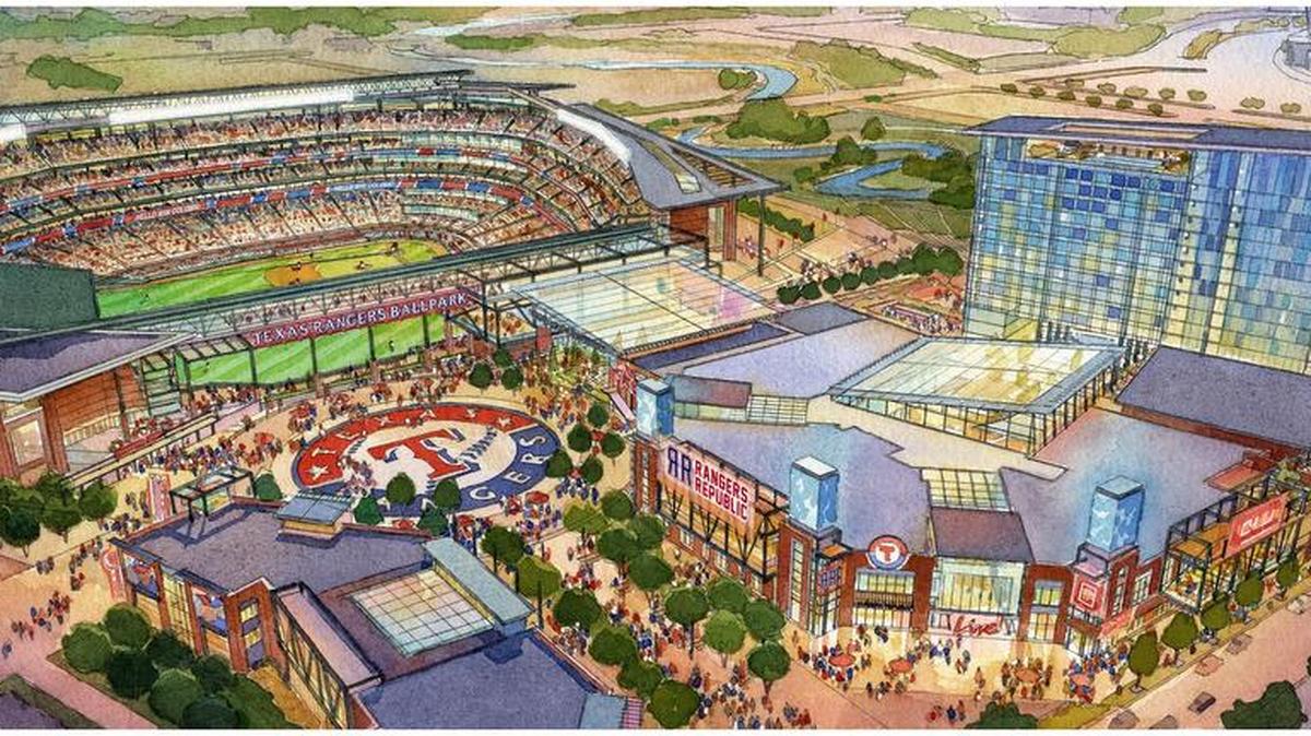 Arlington’s plans for the Texas Rangers include a retractable-roof stadium adjacent to the Texas Live! entertainment/hotel complex.