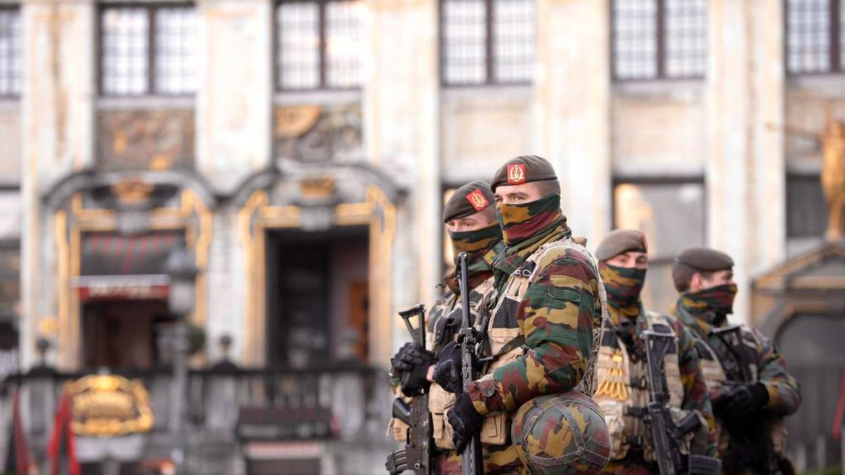 Soldiers patrol the city center in Brussels, Belgium, in November, when the terrorist threat level was at its highest.