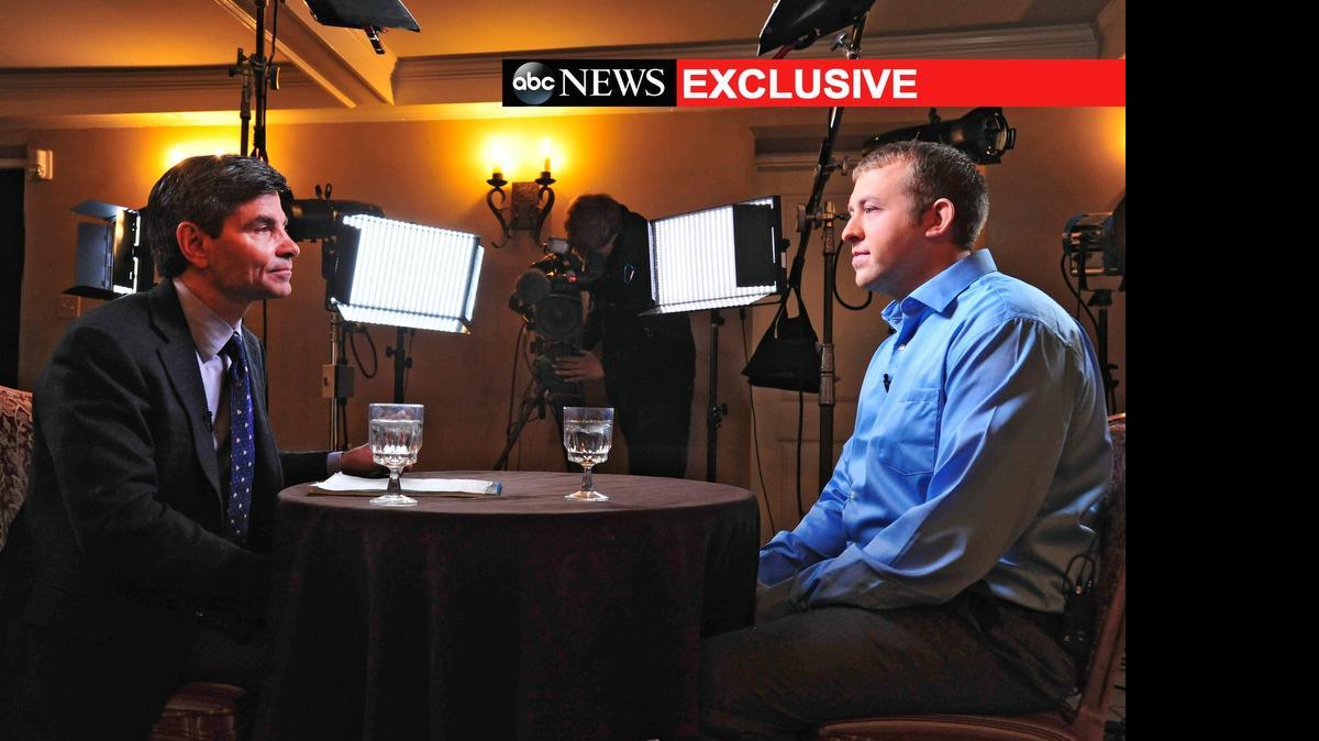 
ABC News' chief anchor, George Stephanopoulos, left, interviews Ferguson, Mo., police officer Darren Wilson in  2014. 
