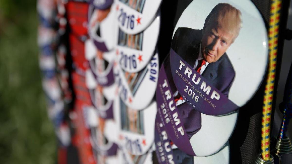 A display of Republican presidential candidate Donald Trump buttons are seen before a campaign stop Old National Events Plaza, Thursday, April 28, 2016, in Evansville, Ind.