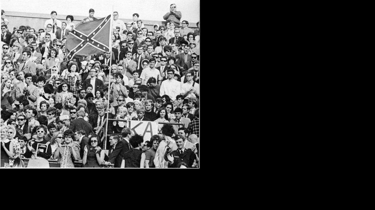 
Kappa Alpha members flew the Confederate flag during 1968 homecoming football game.
