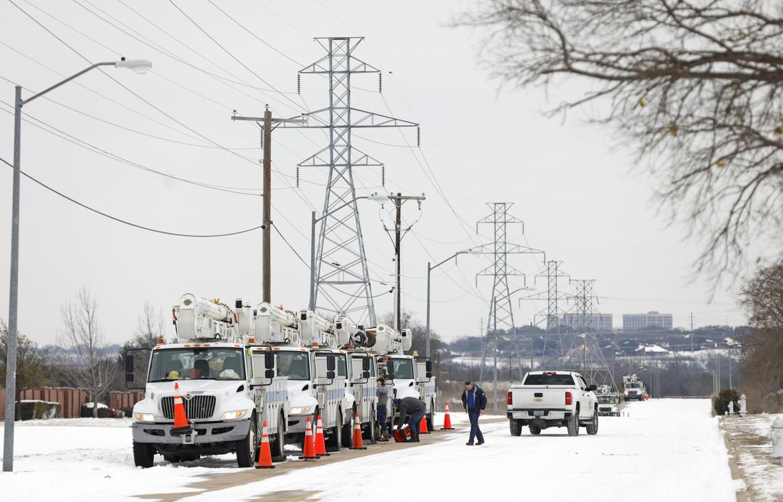 Pike Electric service trucks line up after a snow storm on February 16, 2021 in Fort Worth, Texas.Ron Jenkins/Getty