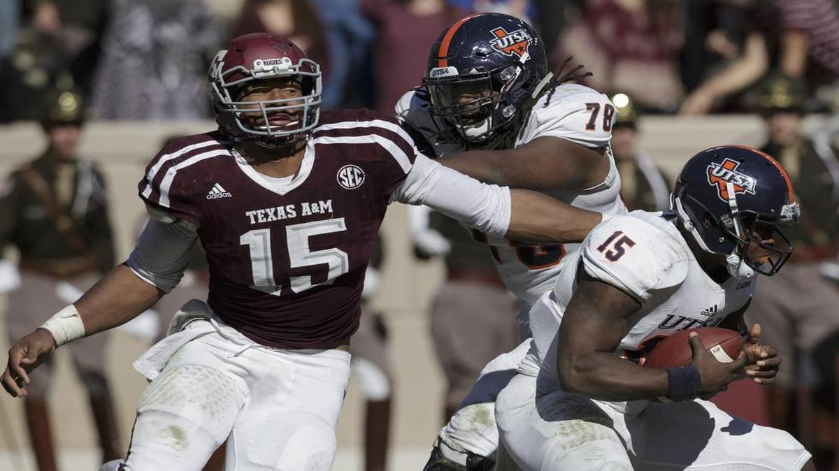 Texas A&M defensive lineman and Arlington Martin graduate Myles Garrett makes one of his career-best 4 1/2 sacks Saturday against UT San Antonio. Garrett and the Aggies play host to LSU on Thursday. The game will be televised at 6:30 p.m. on ESPN.