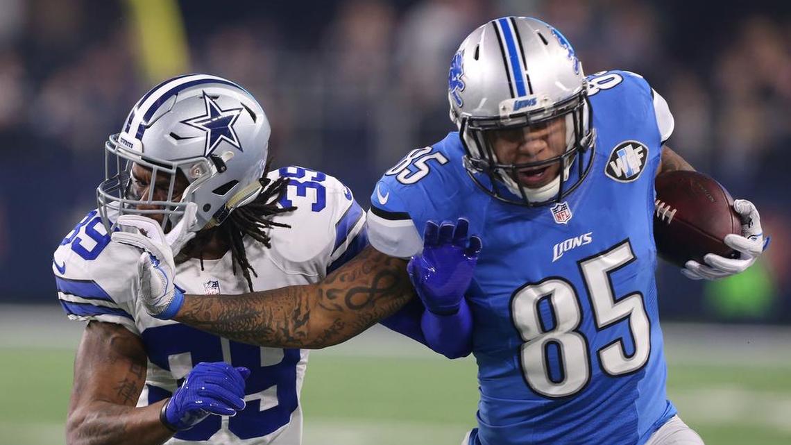 In this Star-Telegram file photo from Monday, Dec. 26, 2016, Detroit Lions tight end Eric Ebron (85) pushes off Dallas Cowboys cornerback Brandon Carr (39) in an NFL game at AT&T Stadium in Arlington, Texas. Carr was arrested this week in Collin County on a DWI charge.