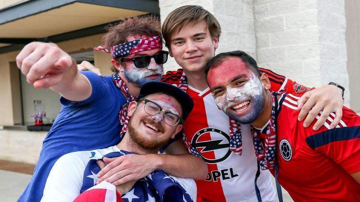 
(Left to Right) Jordan Edwards, Gabe Fuglaar, Justin Cooley and Juan Pablo Tierradentro get ready to watch team USA vs. Honduras in the Gold Cup, Tuesday, July 7, 2015 played at the Toyota Stadium-Frisco, Tx. 
