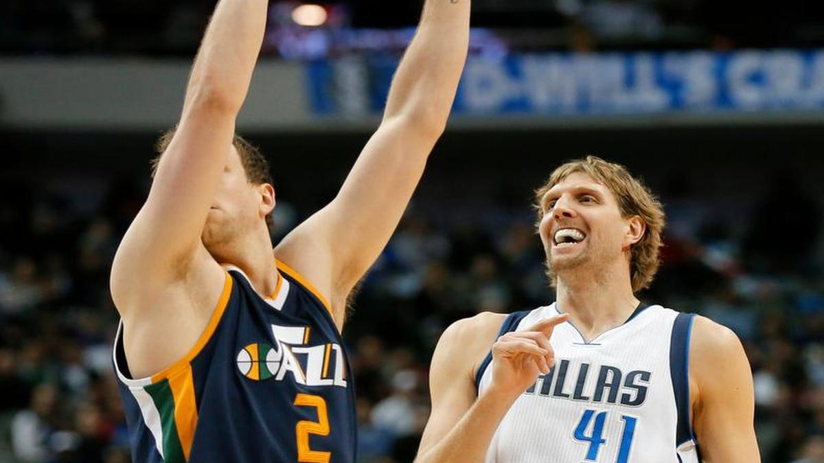 Dallas Mavericks forward Dirk Nowitzki (41) likes his shot against Utah’s Joe Ingles in Thursday night’s epic 21-point comeback. The Mavericks will host the Orlando Magic at 8 p.m. Saturday at American Airlines Center. The telecast is on FSSW.
