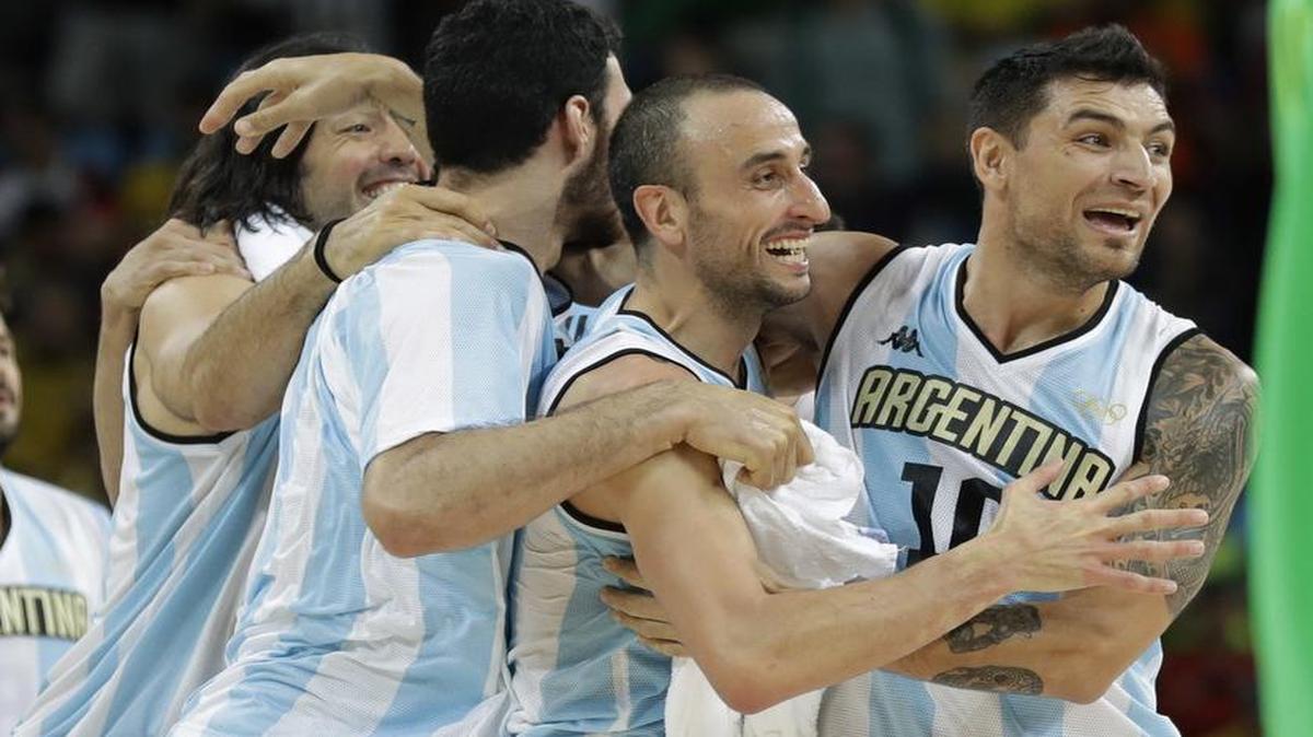 Argentina’s Manu Ginobili, center, and Argentina’s Carlos Delfino, right, celebrate with teammates after their 111-107 double overtime win over Brazil at the 2016 Summer Olympics in Rio de Janeiro on Saturday. Next up for Argentina: powerful Spain and new San Antonio Spur Pau Gasol at 5 p.m. Monday on NBCSN and the Olympic Basketball Channel.