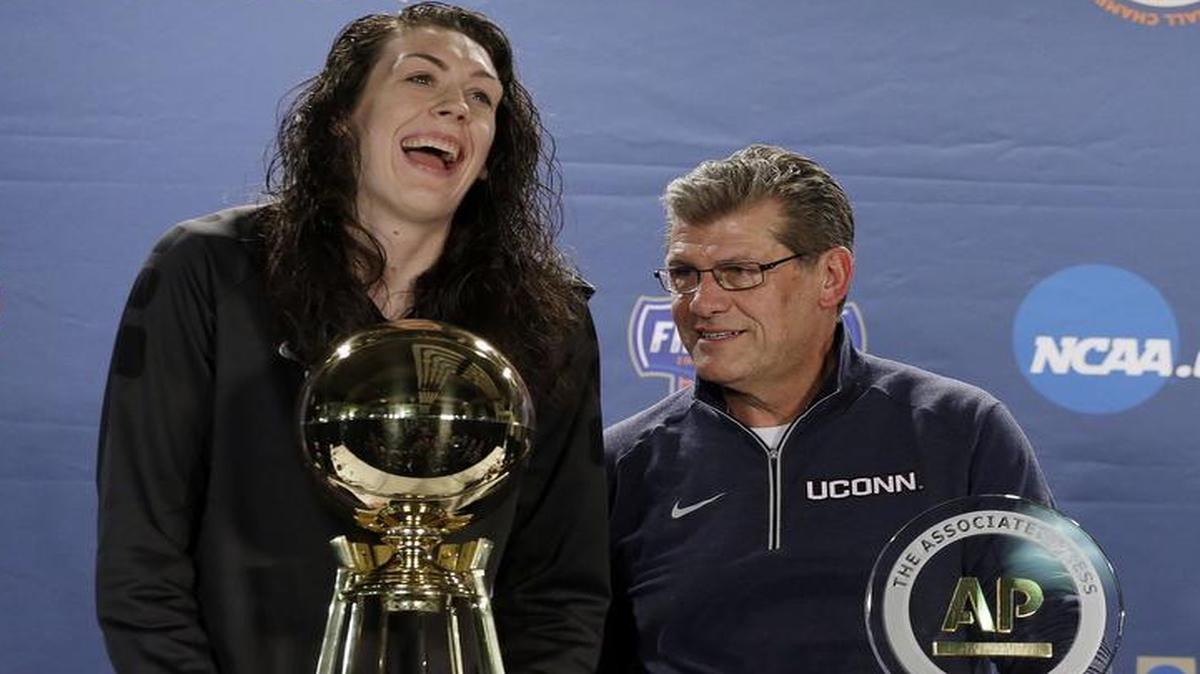 Connecticut's Breanna Stewart, coach Geno Auriemma and the Huskies will play Oregon State at 5 p.m. Sunday in NCAA women’s semifinals on ESPN. Stewart and Auriemma accepted honors Saturday at the Associated Press Player and Coach of the Year.