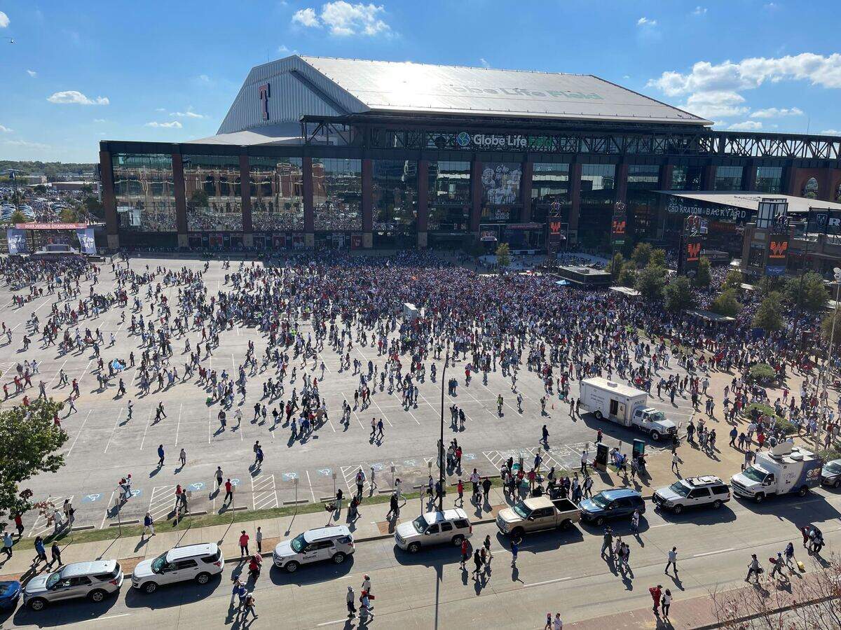 An estimated 500,000 to 700,000 fans crammed Arlington’s Entertainment District for a parade and rally celebrating the World Series champion Texas Rangers on Friday, Nov. 3, 2023.