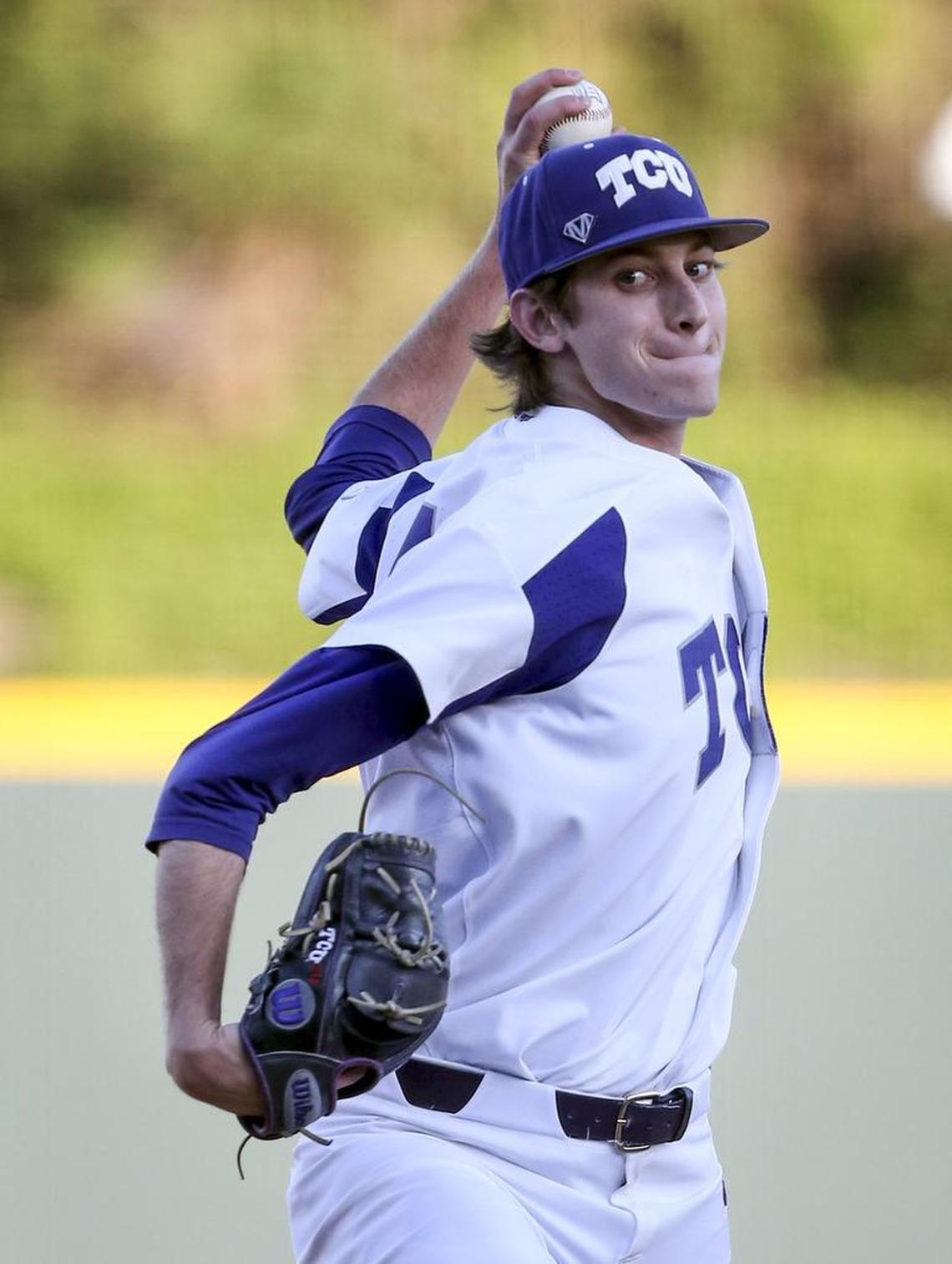 TCU starting pitcher Nick Lodolo (12) earned Big 12 all-freshman honors in and contributed to the Horned Frogs’ College World Series run in 2017.