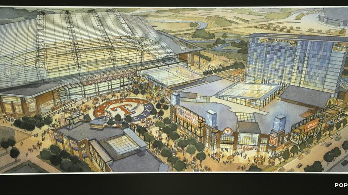 This is a copy of artist renderings of the new Texas Rangers stadium. Arlington Mayor Jeff Williams and Texas Rangers Co-Chairman Ray Davis announce that the Rangers will stay in Arlington and will build a new stadium across Randol Mill Road from Globe Life Park.