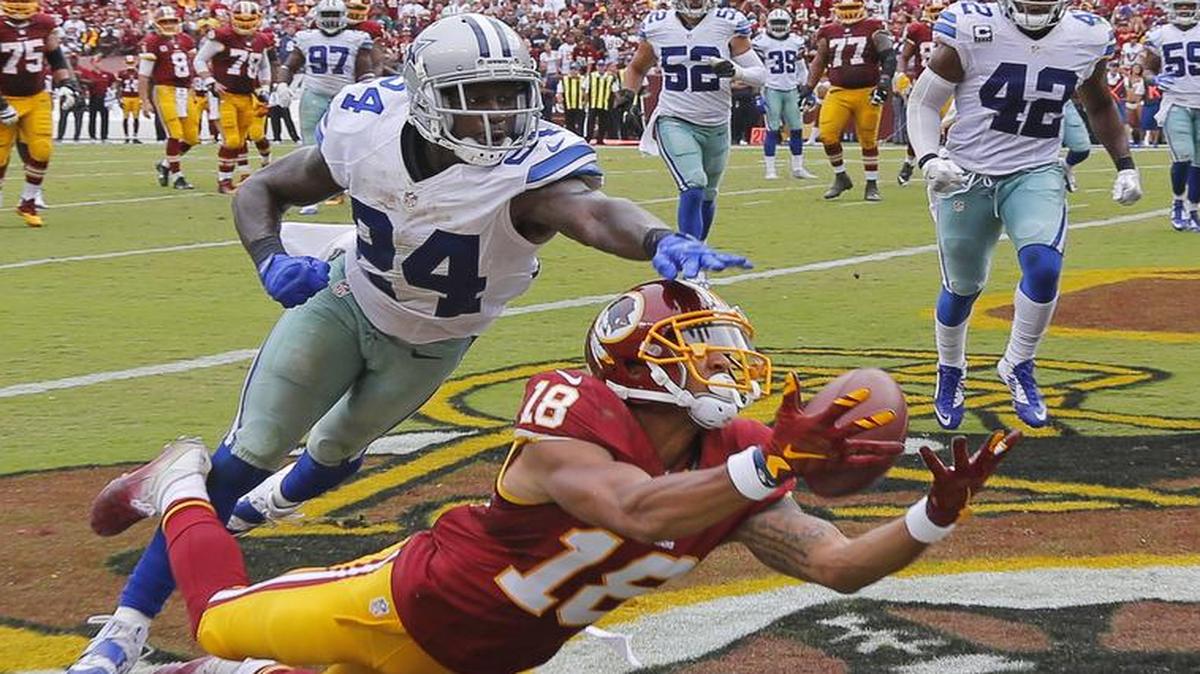 Washington Redskins wide receiver Josh Doctson (18) has a near-touchdown catch ruled incomplete as Dallas Cowboys cornerback Morris Claiborne (24) defends in the fourth quarter on Sept. 18. Dallas won the game 27-23 at FedEx Field in Landover, Md.