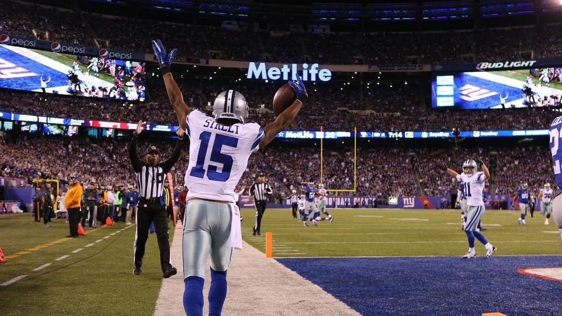 Dallas Cowboys wide receiver Devin Street (15) celebrates after game tying touchdown for the Cowboys in the fourth quarter. The New York Giants beat the Dallas Cowboys 27-20 at MetLife Stadium in East Rutherford New Jersey, Oct. 25, 2015.