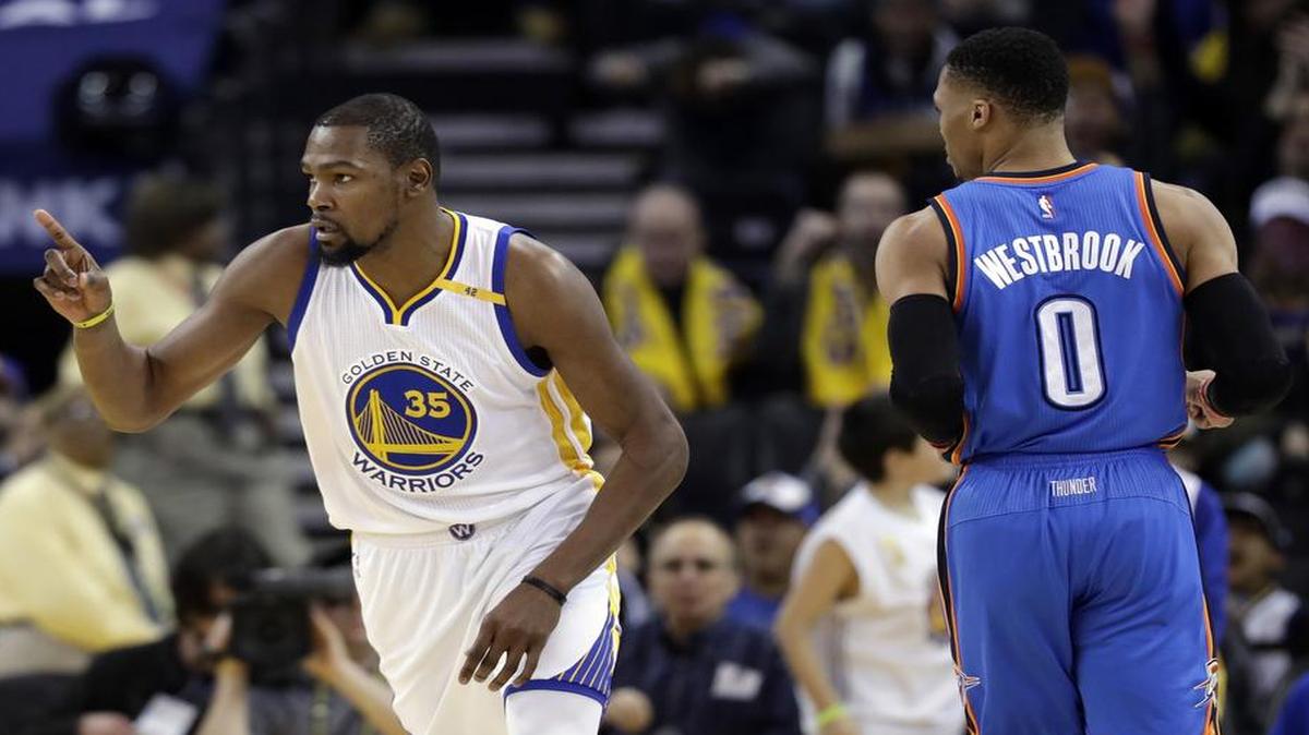 Warriors forward Kevin Durant, left, returns to Oklahoma City for the first time since leaving the Thunder to face Russell Westbrook and his old team. ABC (WFAA/Ch. 8) will have the coverage at 7:30 p.m. Saturday.