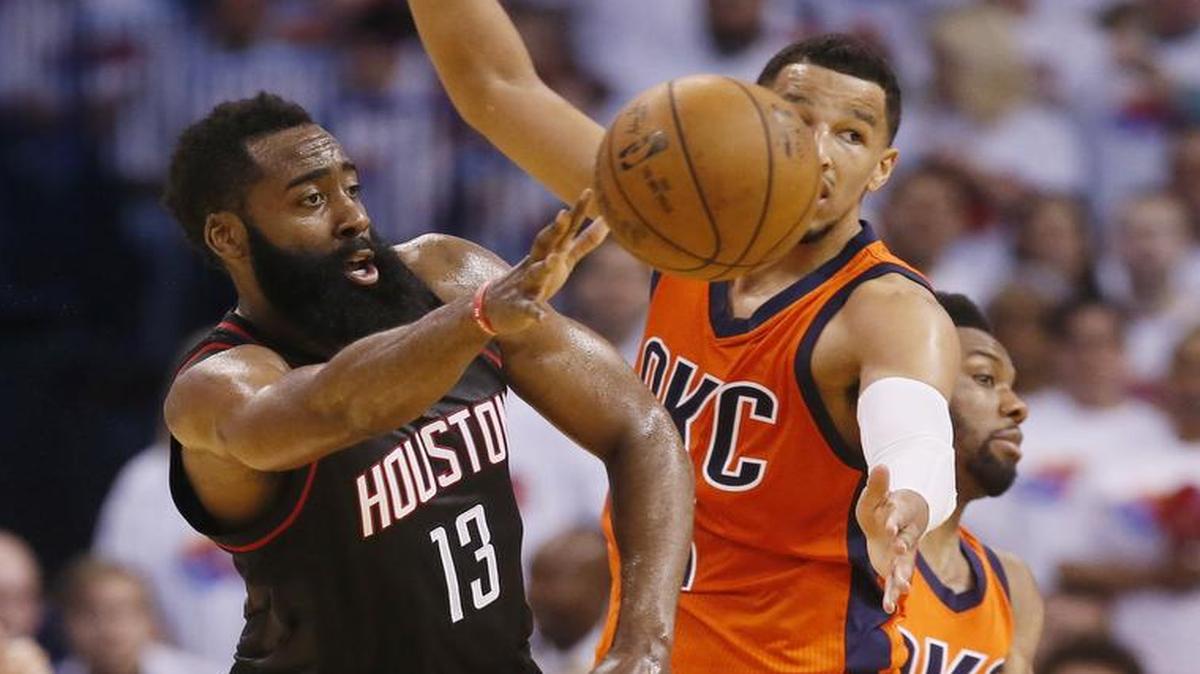 James Harden, left, and the Rockets try to close out Andre Roberson and the Oklahoma City Thunder when the teams meet Tuesday in Houston in Game 5 of their first-round playoff series. The Rockets lead the series 3-1. The game will be televised at 7 p.m. on TNT.