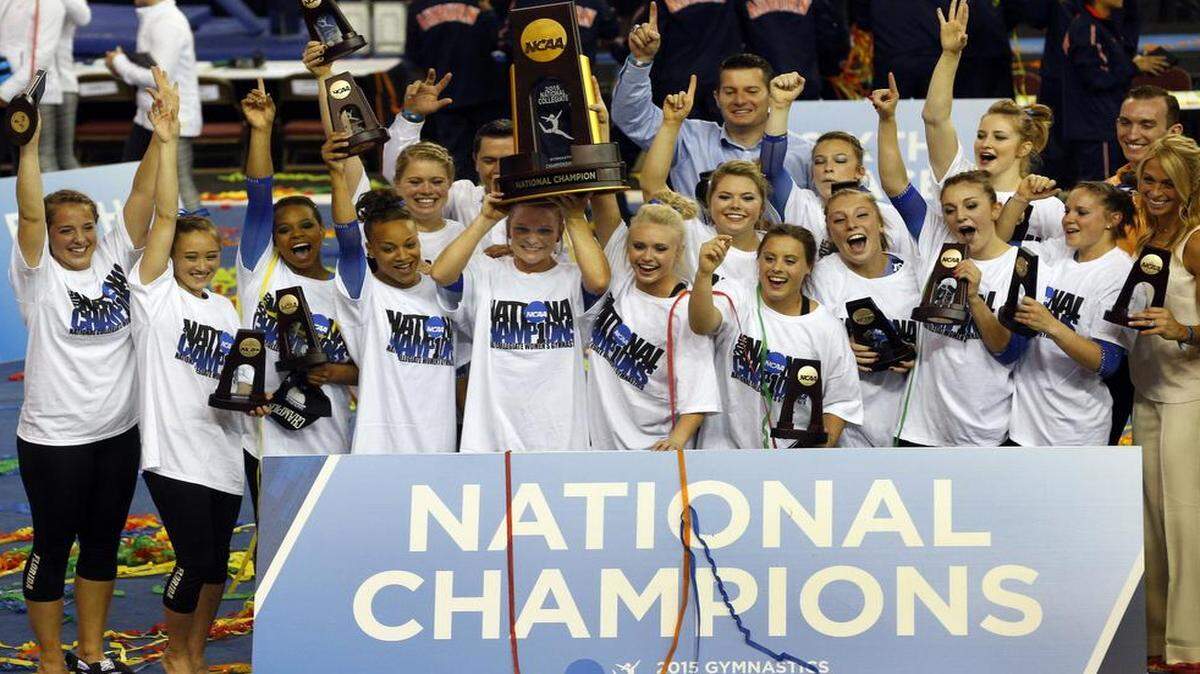 
The Florida gymnastics team celebrates its victory in the 2015 NCAA Gymnastics Championships Saturday in Fort Worth. 

