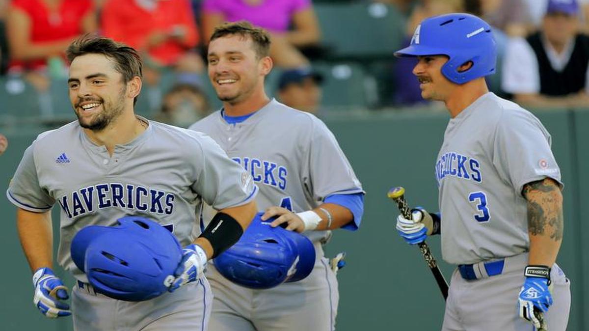 UT Arlington catcher Brady Cox celebrates with teammates after hitting a three-run homer in a game against TCU last season. Cox, a senior from Fort Worth Arlington Heights, and the Mavericks play host to the No. 1 Horned Frogs on Tuesday. First pitch is scheduled for 6:30 p.m. at Clay Gould Ballpark.