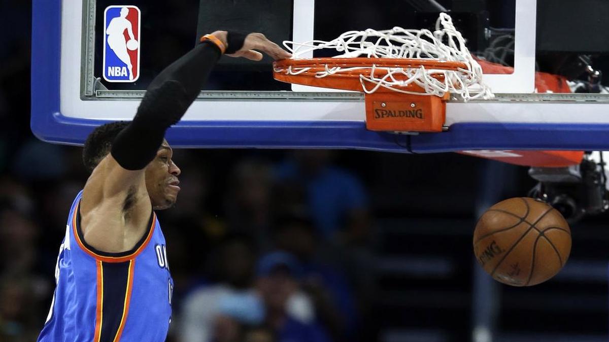 Oklahoma City Thunder guard Russell Westbrook slams home two of his 57 points in Wednesday’s overtime victory over Orlando. Westbrook, who recorded his 38th triple-double this season, leads the Thunder into Friday’s showdown at home against the San Antonio Spurs. The game will be televised at 7 p.m. on ESPN and is the opener of a doubleheader capped by Houston at Golden State (9:30 p.m., ESPN).