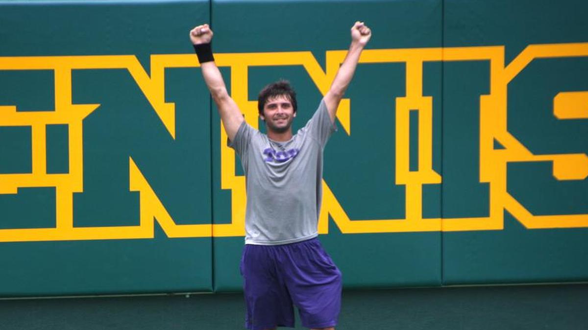 
TCU senior Arnau Dachs of Spain celebrates his victory that gave the Horned Frogs their fourth and clinching point to defeat North Carolina on Saturday at Baylor.
