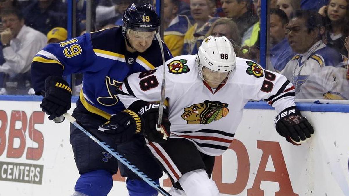 The St. Louis Blues and Chicago Blackhawks will help open the NHL season at 7 p.m. Wednesday in Chicago. In last season’s playoffs, above, the Blues’ Jay Bouwmeester, left, and the Blackhawks’ Patrick Kane chase the puck during the first period in Game 5 of a first-round series in St. Louis. Kane is one of the top players to watch in the 2016-17 season. The Blues went on to knock out the Dallas Stars in the next round.