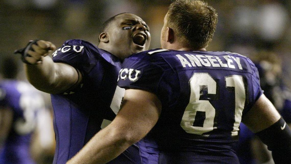 TCU defensive lineman Zarnell Fitch screams as he embraces Ben Angeley after the Frogs won 23-20 in overtime against Utah on Sept. 15, 2005. Fitch will be on the defensive coaching staff for the Frogs this season after being director of high school relations for the program since June 2014.