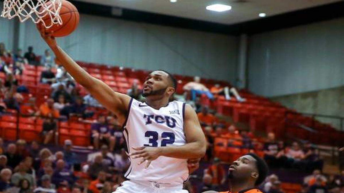 
TCU guard Trey Zeigler, going up for a layup in Saturday’s victory over Oklahoma State, scored 13 points on 5-for-5 shooting.


