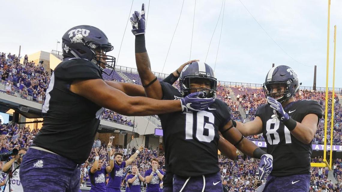 TCU running back Kenedy Snell (center) celebrates with teammates after scoring on a 13-yard catch and run against Jackson State on Sept. 2 at Amon G. Carter Stadium. He was one of the freshmen players to make an impact out of the Horned Frogs’ 2017 recruiting class.