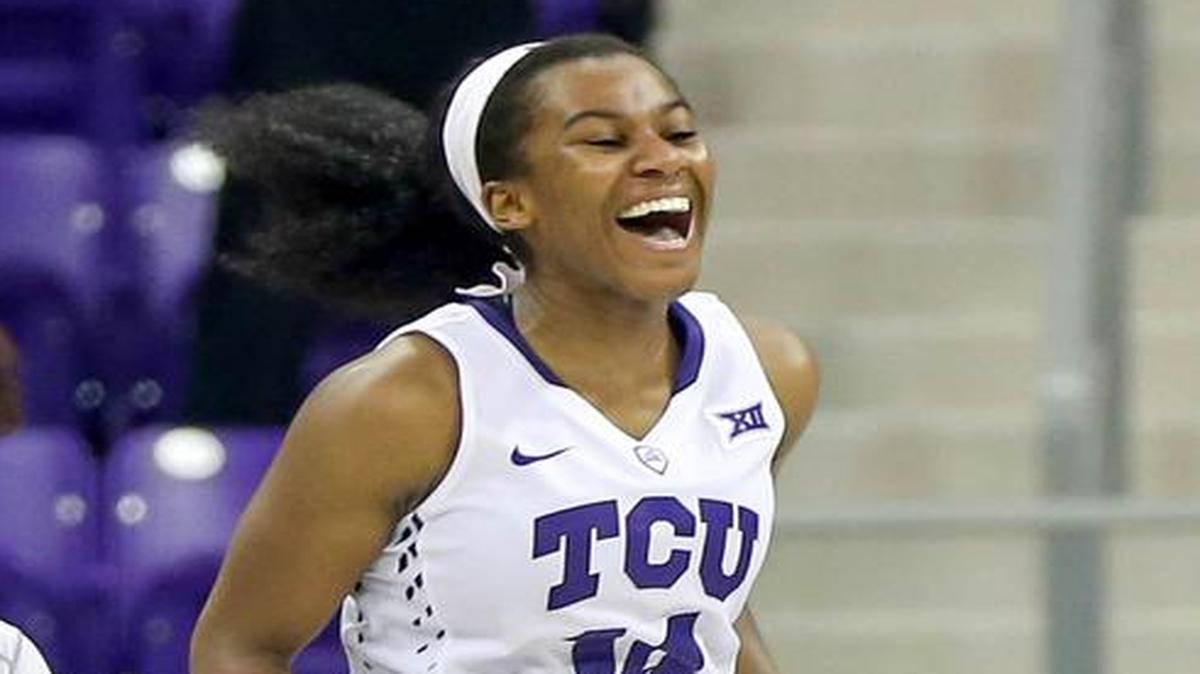 TCU guard Zahna Medley (14) reacts after beating Kansas 55-52 in her final regular season game at TCU on Monday.