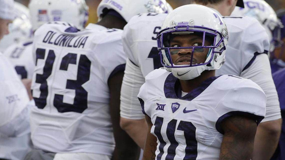 TCU receiver Desmon White surveys the scene at Milan Puskar Stadium at last week’s game against West Virginia. The Horned Frogs came home with a 34-10 loss, their third of the season, as many as in the previous two seasons combined.