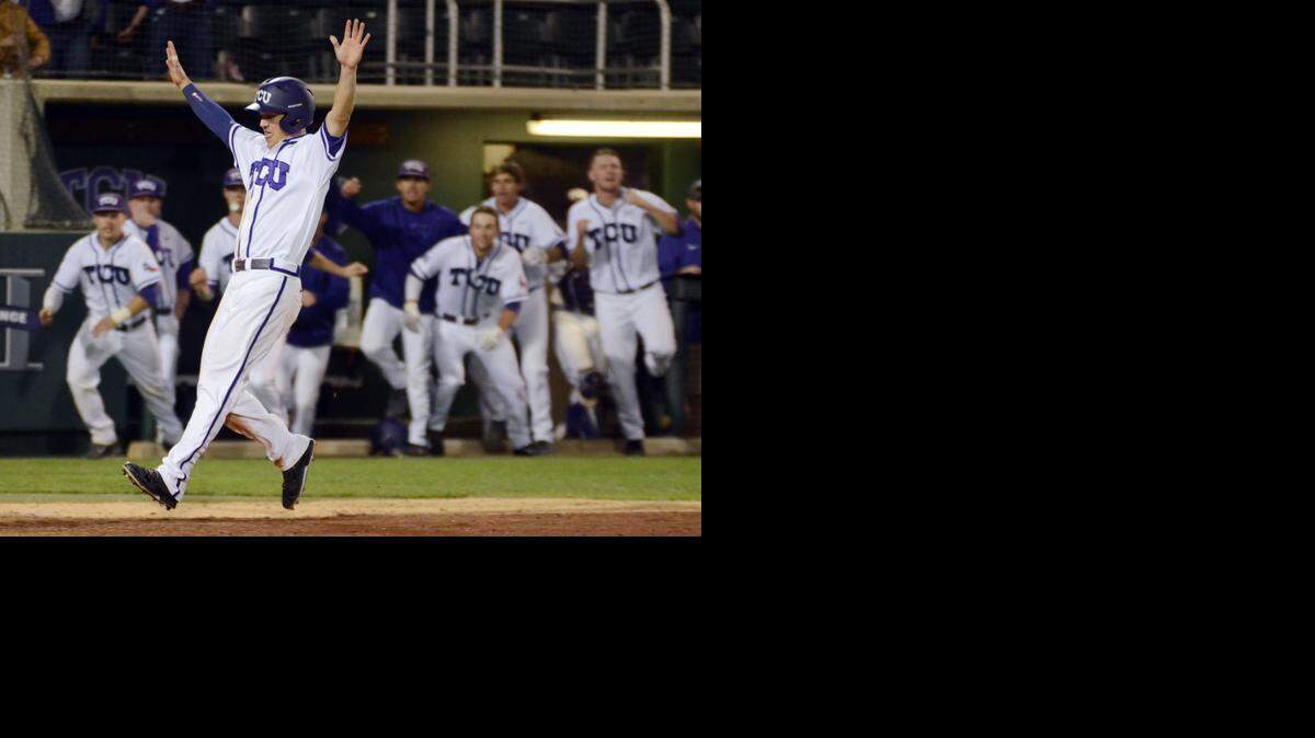 
TCU's Derek Odell front celebrates as he crosses home plate to score the 4-3 winning run against West Virginia last season at Lupton Stadium.
